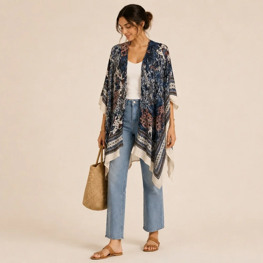 Blue Floral Paisley Boho Kimono Cardigan L-XL Open Front Wrap Gypsy Western - Picture 1 of 8
